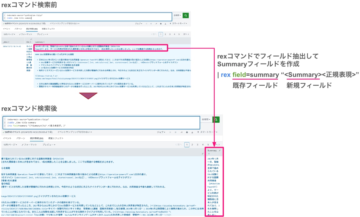 上記パネルで使用しているrexコマンドの検索前後の結果